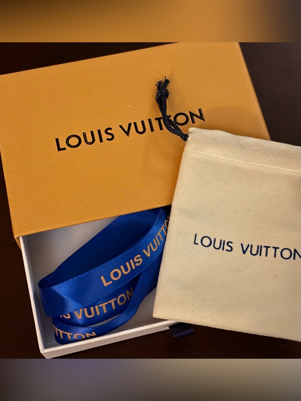 Louis Vuitton Sliding Drawer Box with Blue & Gold Ribbon and Cream Dust Bag